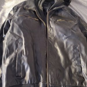 Black leather hooded jacket